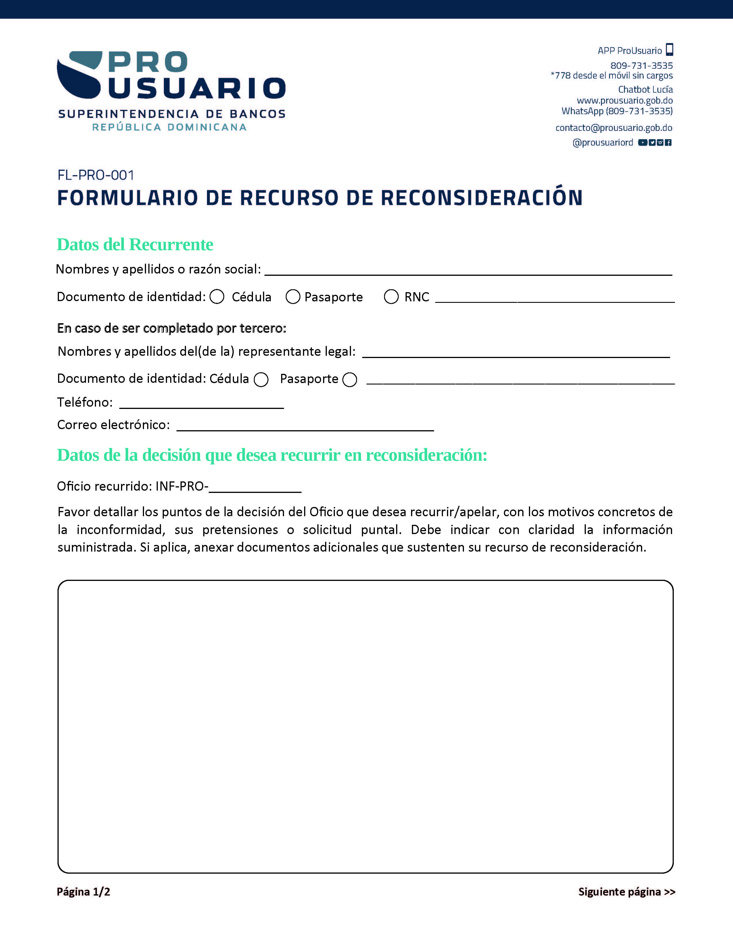FL PRO 001 Formulario De Recurso De Reconsideración Página 1